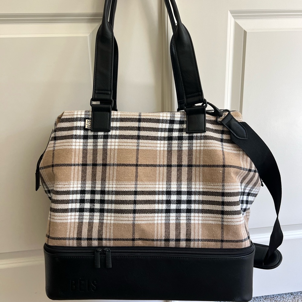 Used BEIS Tan and Black Plaid Mini Weekender Bag